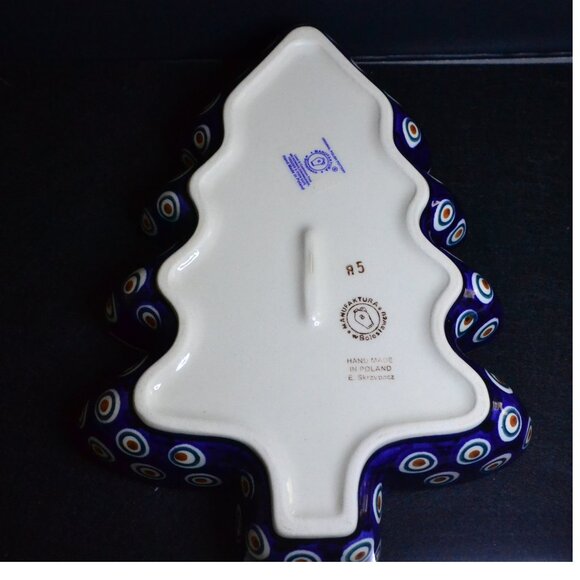 Authentic Boleslawiec Christmas Tree Design Dish Blue Peacock Eye Artisan Named - Picture 7 of 10